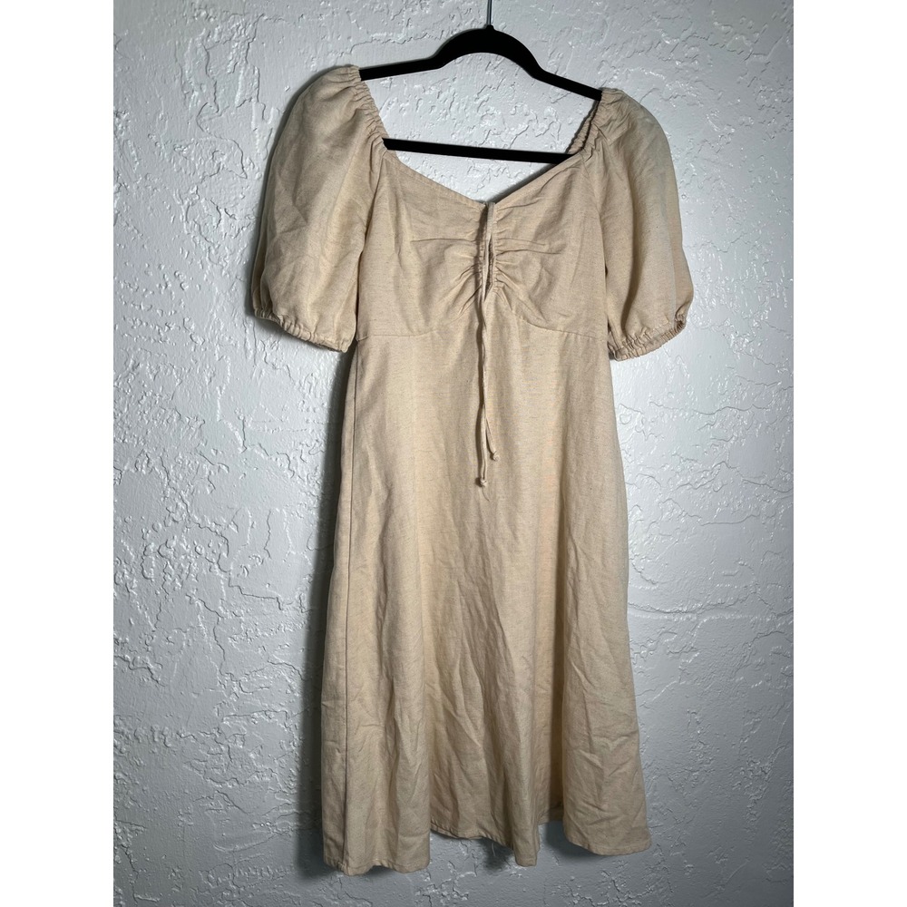 Japna Women's Small Beige Linen Blend Puff Sleeve Midi Dress Cottagecore